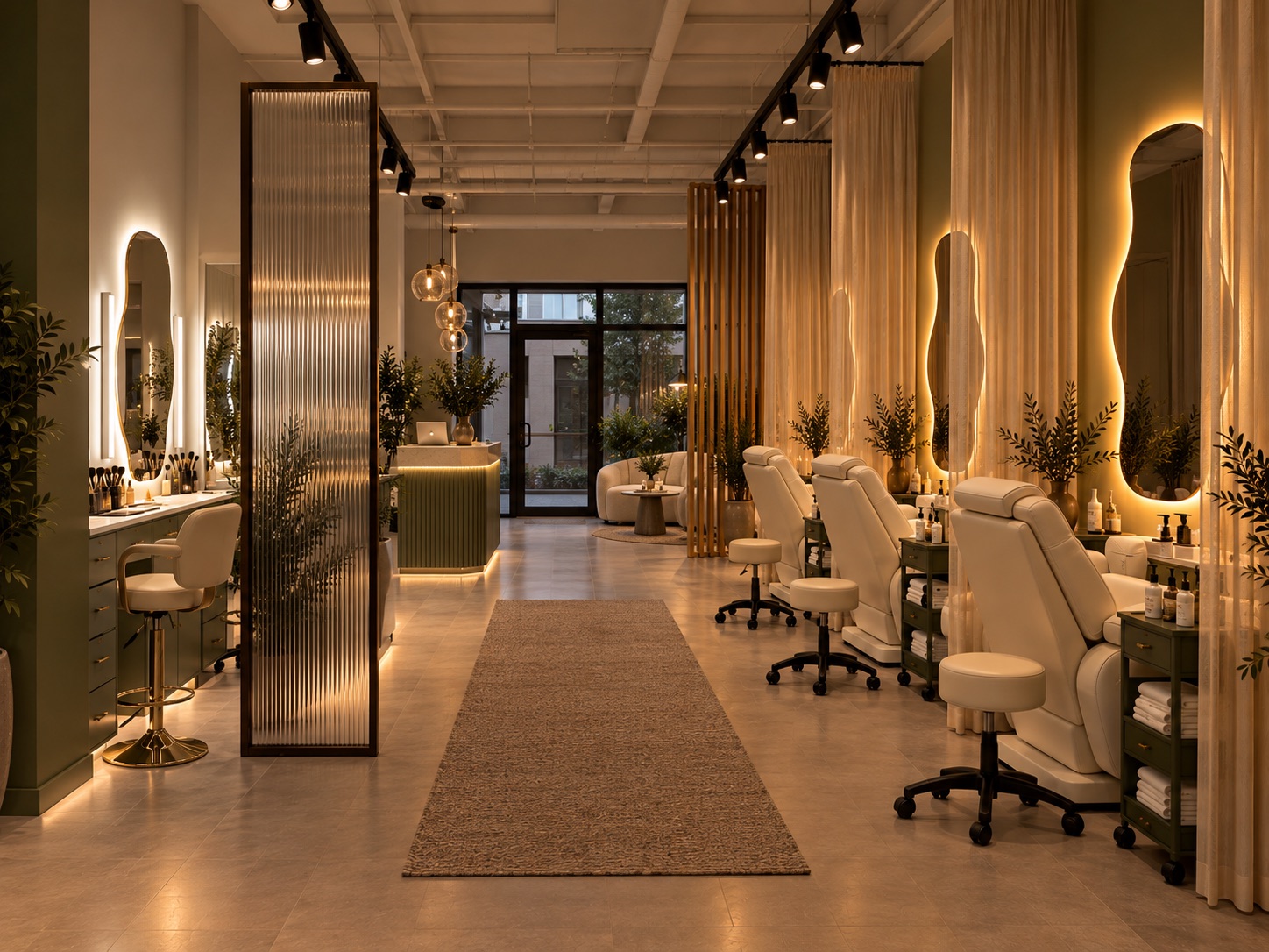 The open-space studio with cream massage chairs, olive walls and warm lighting