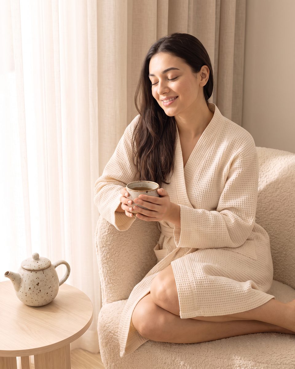 The client relaxes in the armchair with her tea, eyes closed